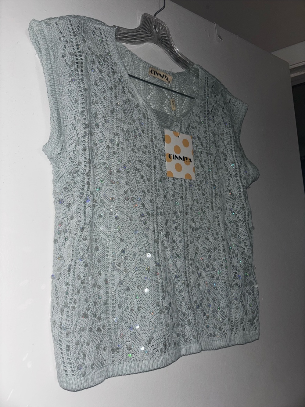 Mint Women's Light Mint Sequin Knit Shell Top